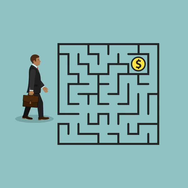 Man in labyrinth search money, vector. — Stock Vector