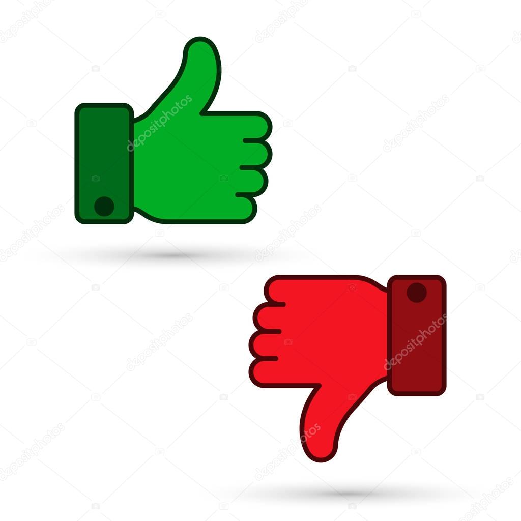 Thumb up, thumb down, green and red sillouettes. Vector