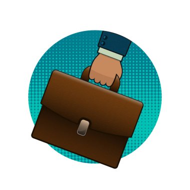 Evrak çantası, vektör daire simgesi tutan işadamı.