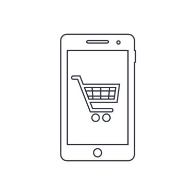 Smartphone online alışveriş e-ticaret sepeti işareti simgesi anahat. Vektör