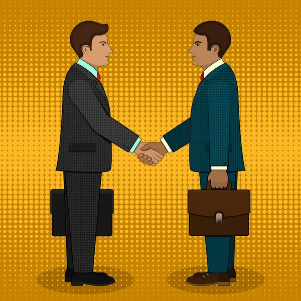 Rencontre de deux hommes d'affaires et poignée de main d'affaires. Vecteur . — Image vectorielle