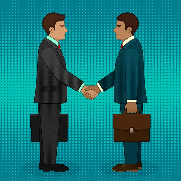 Rencontre de deux hommes d'affaires et poignée de main d'affaires. Vecteur . — Image vectorielle