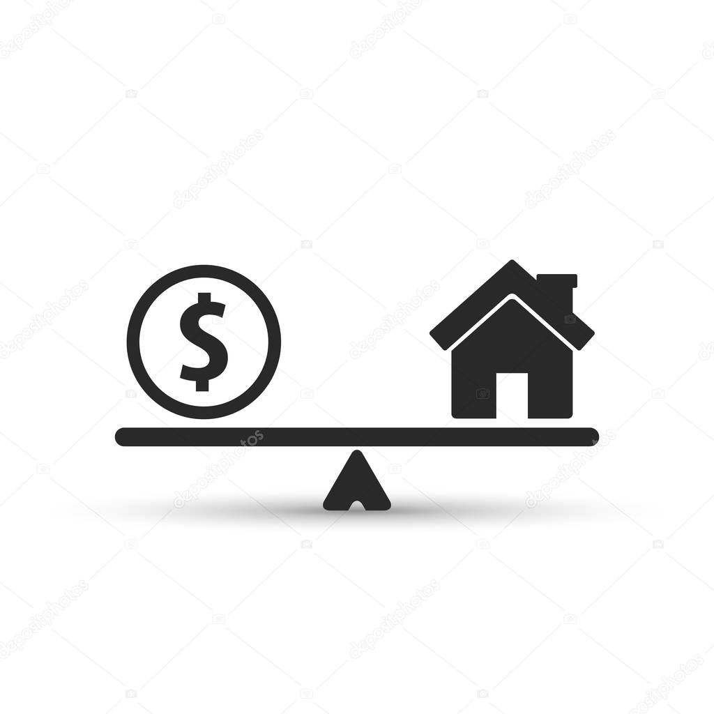 Money and house scales icon. Vector.