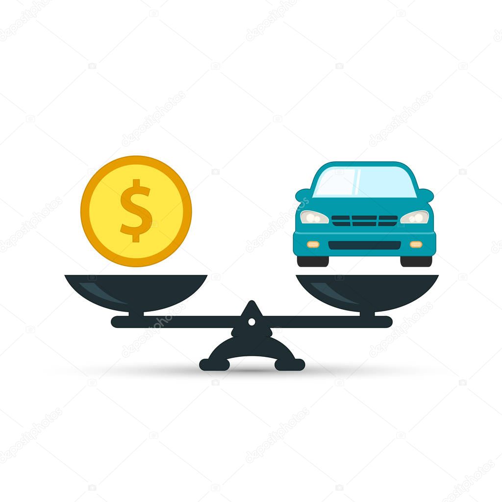 Car and money on scales icon, vector.