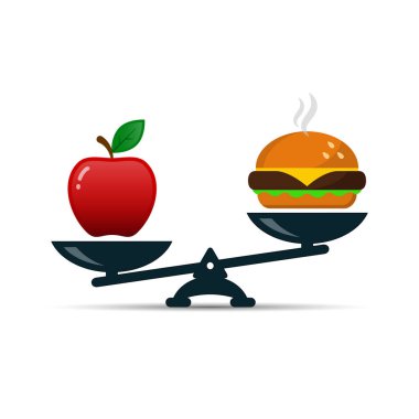 Kırmızı elma ve burger fast food, pullarla renk illüstrasyon vektör.