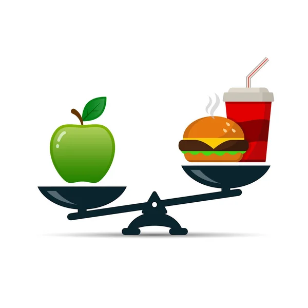 Escalas con manzana y hamburguesa de comida rápida, ilustración de color vectorial . — Archivo Imágenes Vectoriales