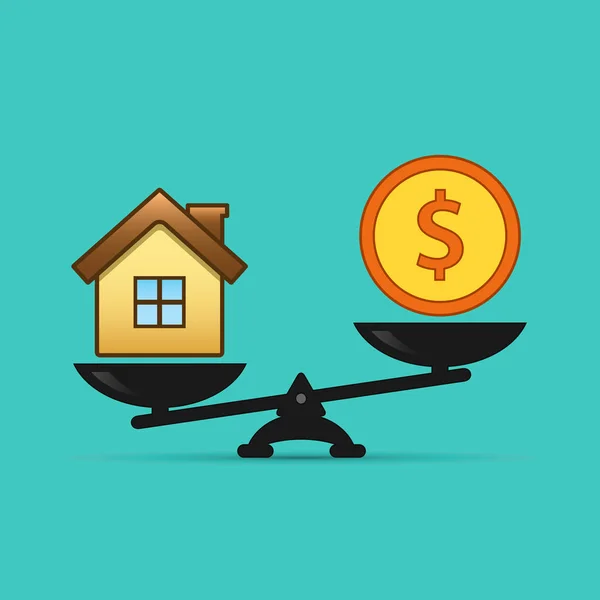 美元和房子缩放图标。在规模上的钱和房子平衡。房地产销售。房子和钱硬币的重量。矢量孤立的符号. — 图库矢量图片