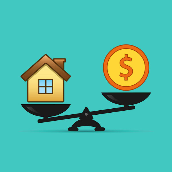 Dollar and house scales icon. Money and house balance on scale. Real estate sale. Weights with house and money coin. Vector isolated sign.