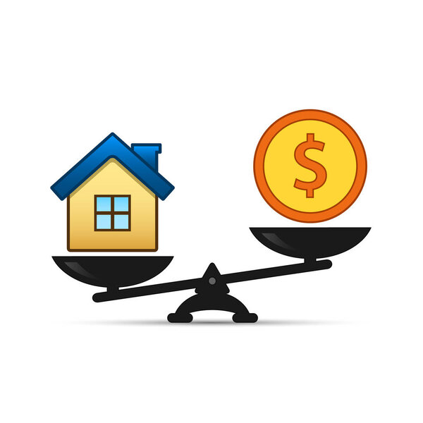 Dollar and house scales icon. Money and house balance on scale. Real estate sale. Weights with house and money coin. Vector.
