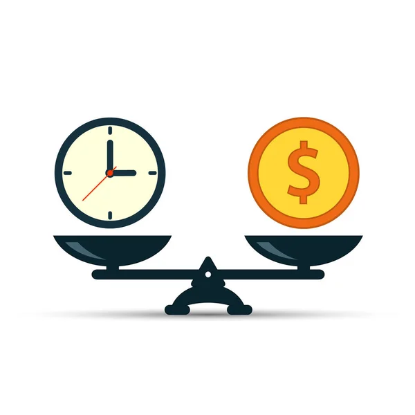 Idő money, mérlegek ikonra. Időt és pénzt egyensúly skálán. Óra és pénz érme súlyokkal. Vektor. — Stock Vector