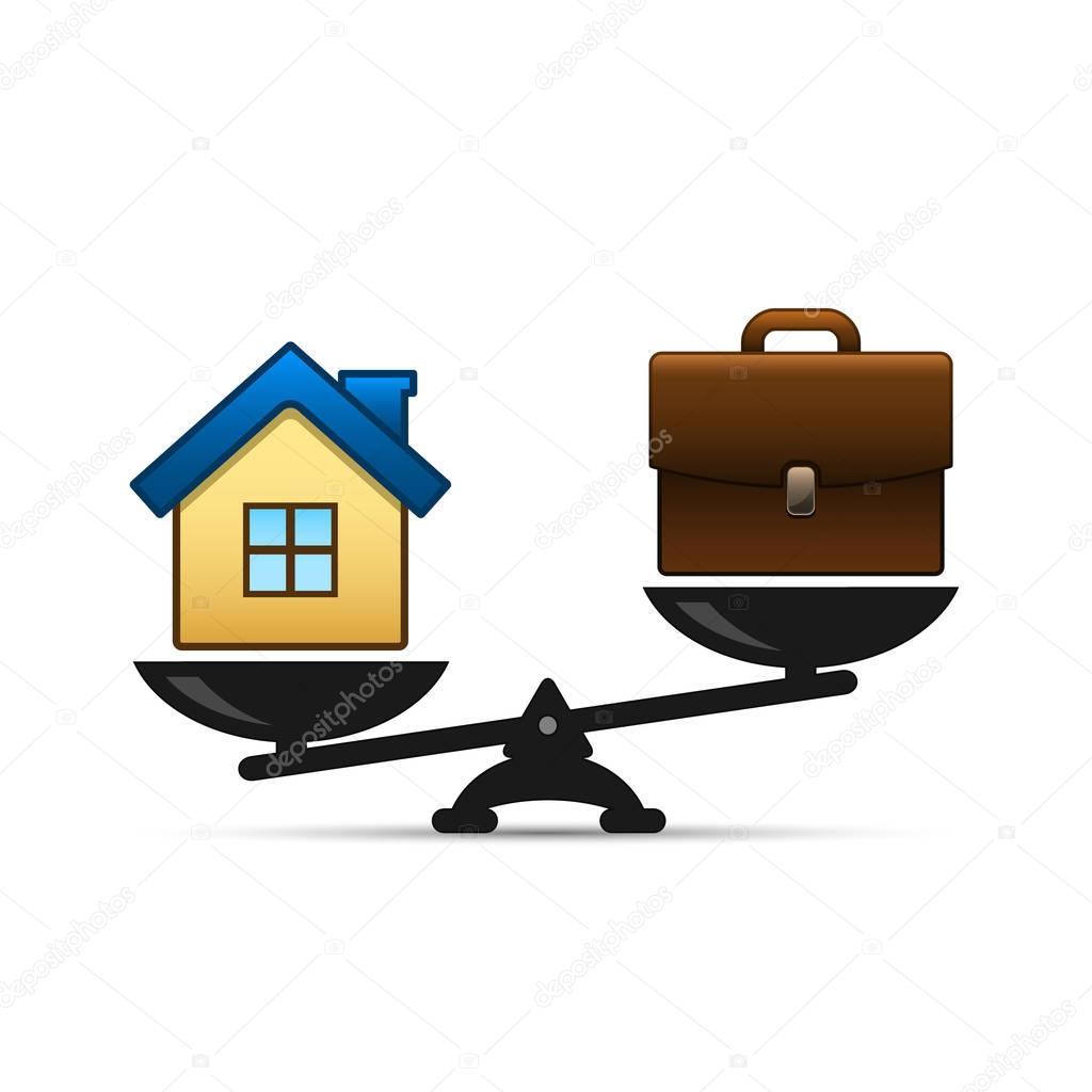 Home and business scales icon. Weight between work, money and your family. Career and family are on the scales. Balance your life business concept. Family or money. Vector.