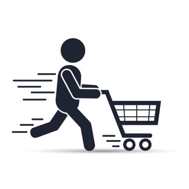 Alışveriş sepeti simgesini itmeye çalışan adam. Vektör çizim.