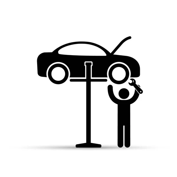 Car on lift and mechanic silhouette icon, vector. Car service repair simple illustration. — Stock Vector