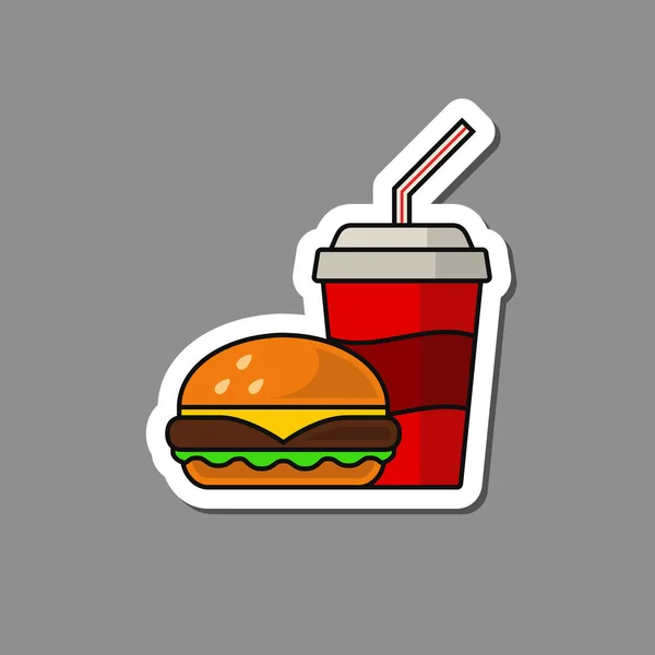 Burger e refrigerante adesivo de papel fast food, emblema do vetor . — Vetor de Stock