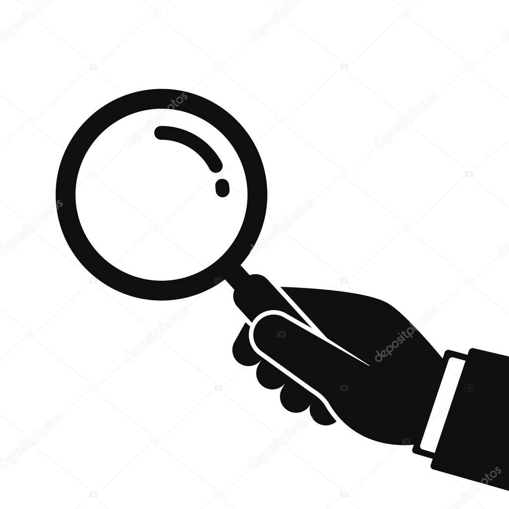 Hand holding magnifying glass icon. Black silhouette isolated on white. Vector flat illustration. Search concept.