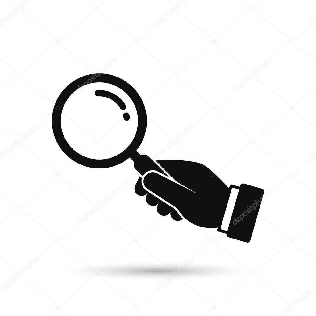 Hand holding magnifying glass icon. Black silhouette isolated on white. Vector flat illustration. Search concept.