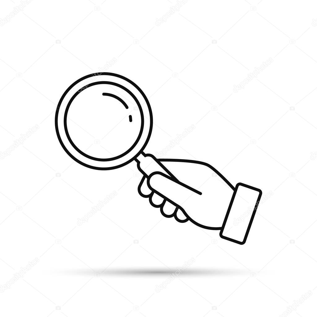 Hand holding magnifying glass line icon. Black silhouette isolated on white. Vector flat illustration. Search concept.