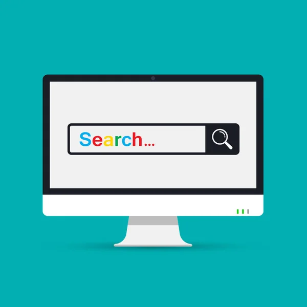 Bilgisayar ekran renk illüstrasyon arama sayfasında. Web tarayıcınızda arayın. Arama çubuğu. Vektör.