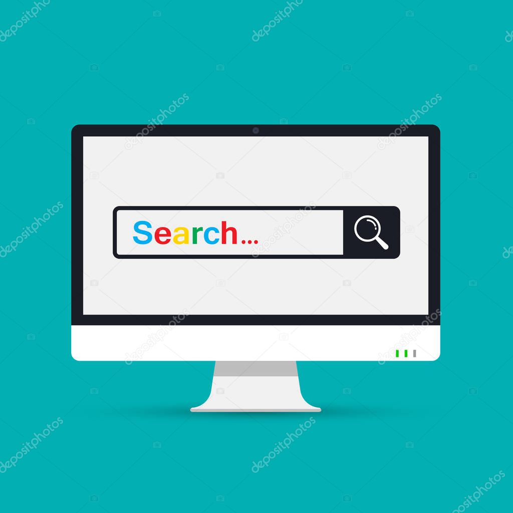 Search page on computer screen color illustration. Search in web browser. Search bar. Vector.