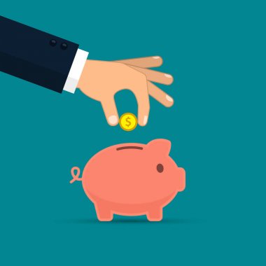 Kumbara ve madeni para ile el illüstrasyon renk. Vektör kavramı.