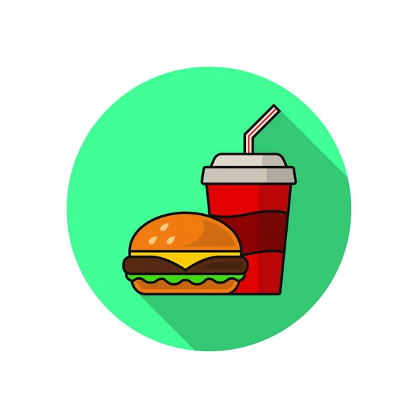 Hamburguesa y cola icono plano, sombra larga en círculo. Ilustración vectorial . — Archivo Imágenes Vectoriales