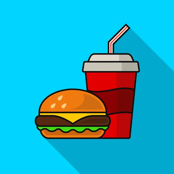 Hambúrguer e cola ícone plano, sombra longa. Ilustração vetorial . — Vetor de Stock