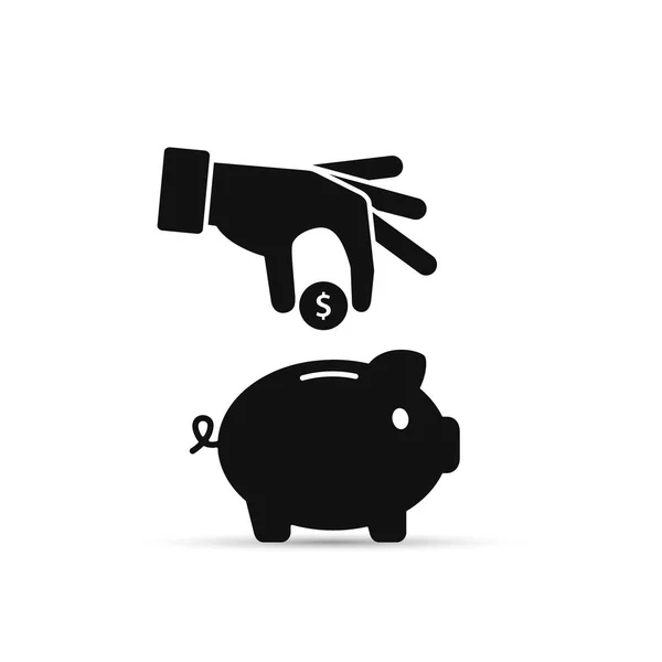 Свинячий банк і рука з чорною іконою монети. Векторні . — стоковий вектор