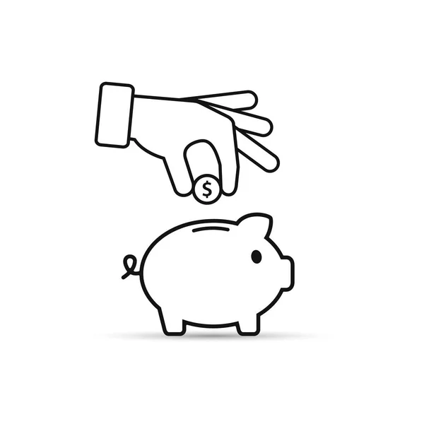 Piggy bank és a kéz érme fekete körvonal ikonra. Vektor. — Stock Vector