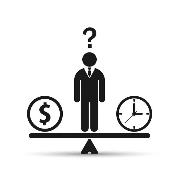 Affärsman väljer mellan tid eller pengar, tid är pengar koncept. Balans mellan tid och pengar. Vektor. — Stock vektor