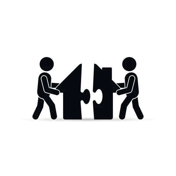 Dois homens unem partes do quebra-cabeça do ícone da casa. Ilustração simples vetorial . — Vetor de Stock