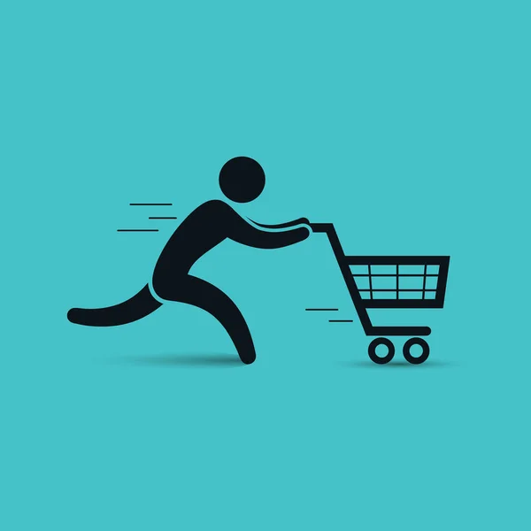 Uomo in corsa che spinge l'icona del carrello della spesa. Illustrazione dello shopping vettoriale. — Vettoriale Stock
