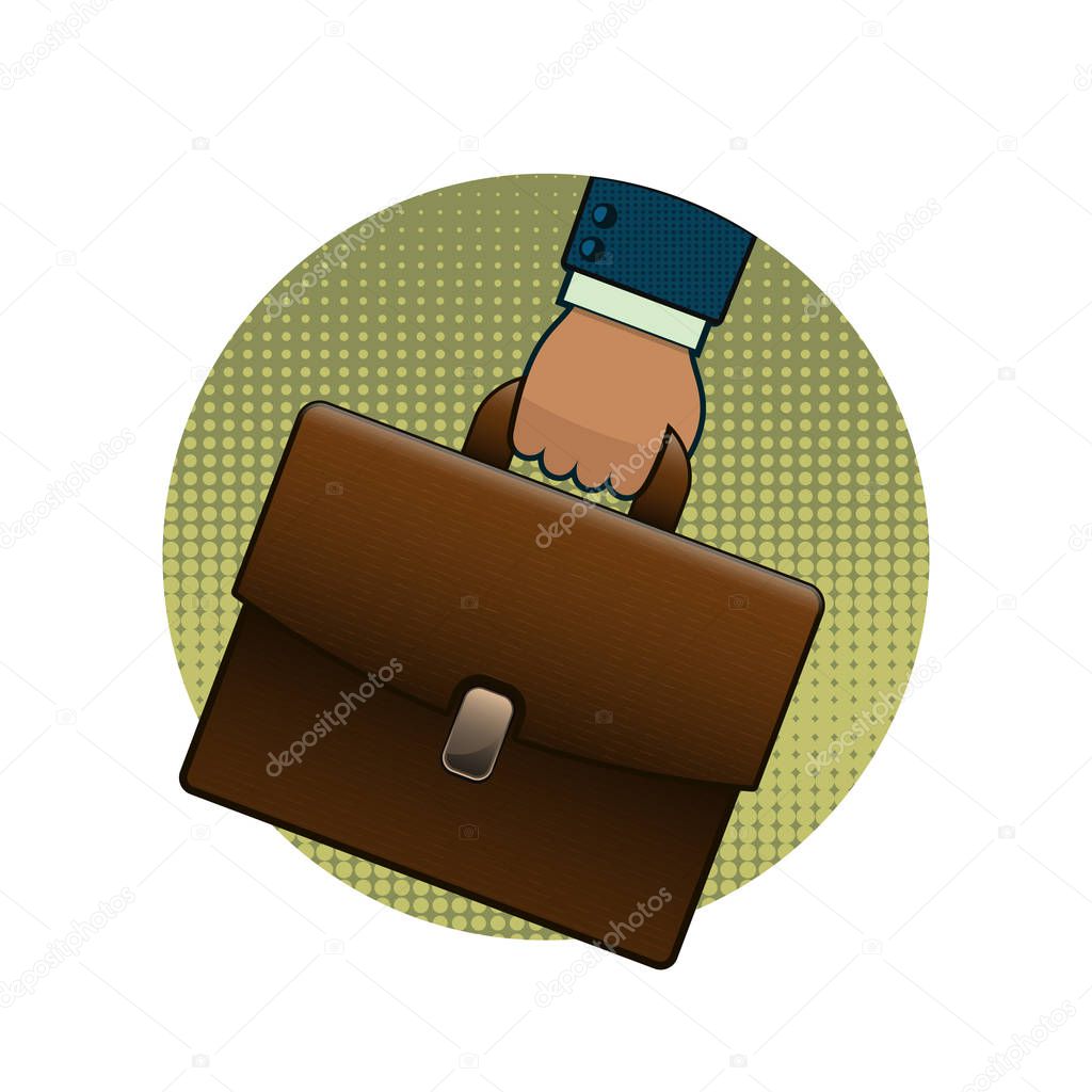 Businessman holding briefcase circle logo icon, pop art retro style, vector.