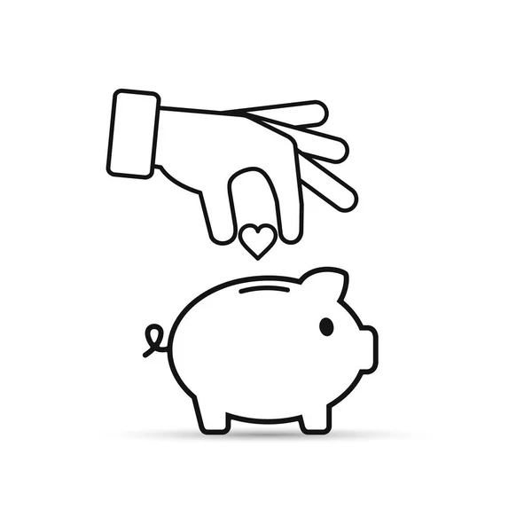 Mão colocar o coração no ícone Piggy Bank Vector, ilustração esboço . — Vetor de Stock