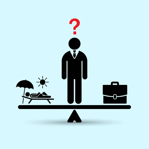 Man decide work or vacation concept. Work vs relax illustration. Concept of life and work balance. Vector — Stock Vector
