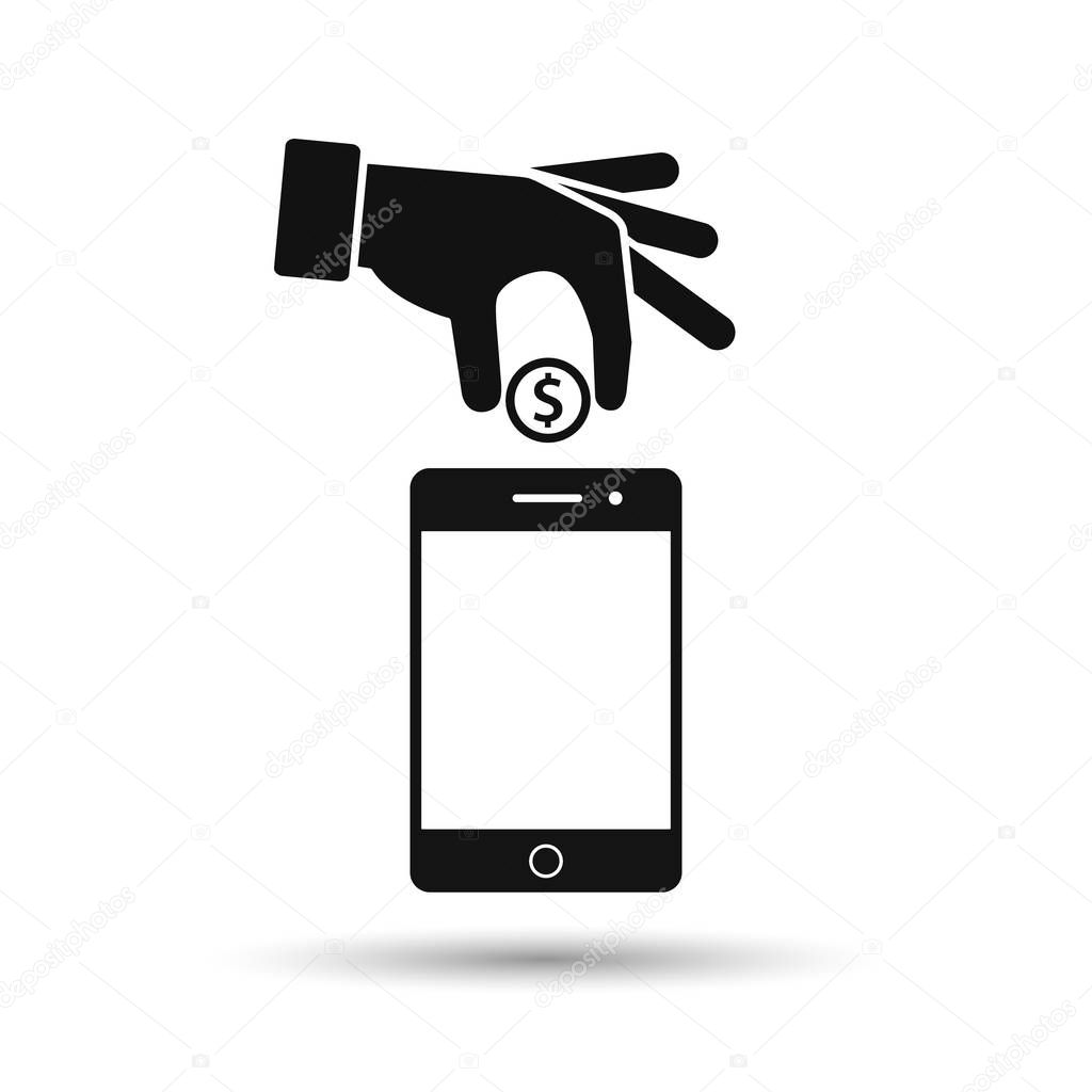 Hand put coin in phone icon. Billing, funding your account phone black icon. Vector illustration