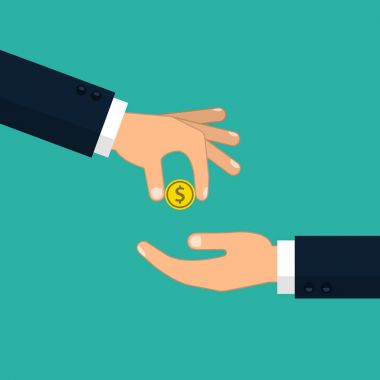 Adam diğer adama bir altın para veriyor. Alıcı para kavramı. Vektör düz çizim