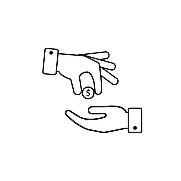 Hand gibt Geld Münze an andere Person Symbol, Almosen zu geben, spenden Web-Umriss-Symbol. Vektorillustration — Stockvektor