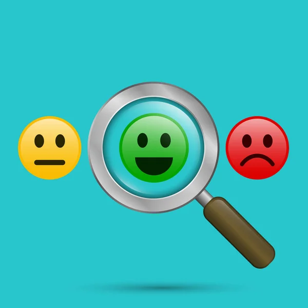 Zoeken positieve mensen concept. Vergrootglas met positieve en negatieve emoticon. Zoek positieve smiley onder negatieve emoticons. Vectorillustratie kleur — Stockvector