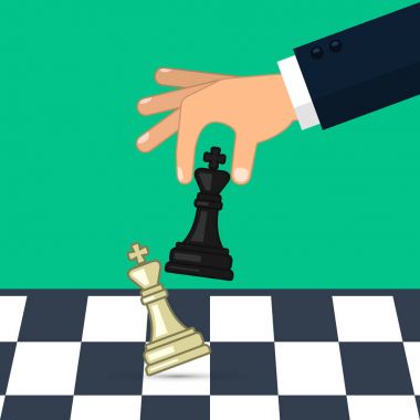 Satranç şekil siyah Kral tutan el. İş stratejisi. Kavramı planlama ve yönetimi. Vektör çizim
