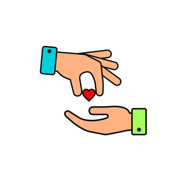 La mano da corazón a otra persona icono de color en estilo plano. Vector amor o donar ilustración — Archivo Imágenes Vectoriales