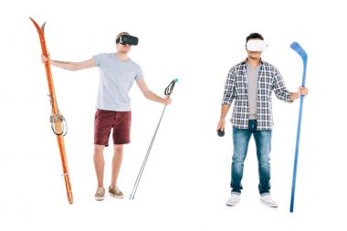 multiethnic men in virtual reality headsets clipart