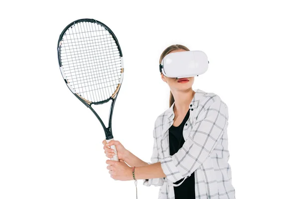 Девушка играет в теннис в виртуальной реальности — стоковое фото