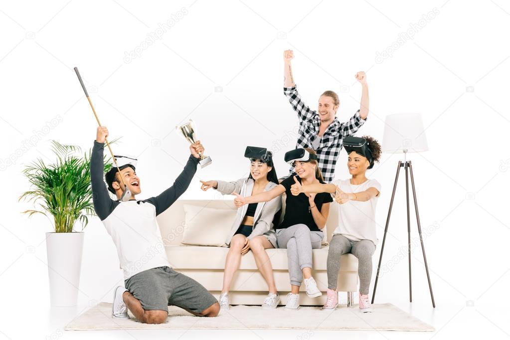 multiethnic friends in virtual reality headsets