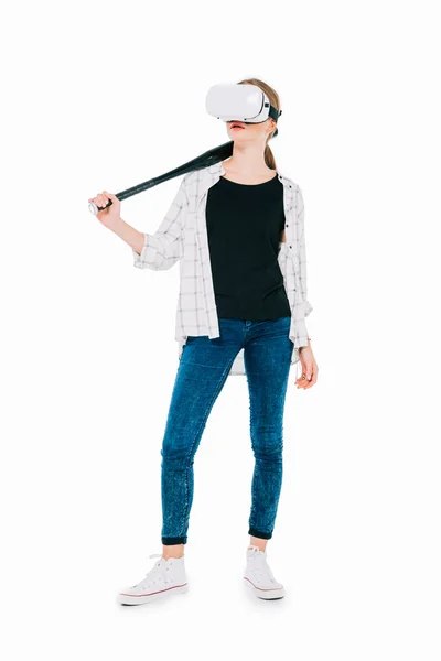 Mulher em fone de ouvido realidade virtual com morcego — Fotografia de Stock