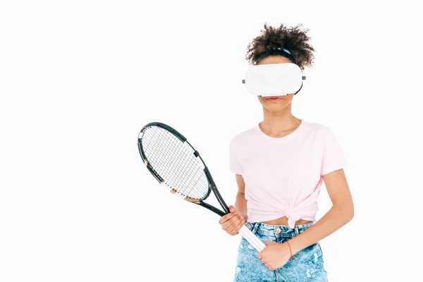 Дівчина грає в теніс у віртуальній реальності — стокове фото