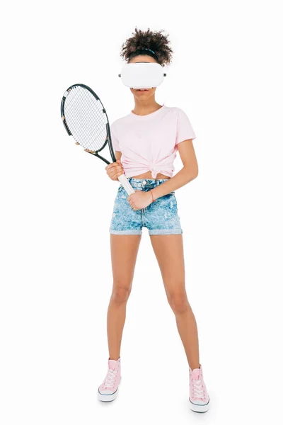 Girl playing tennis in virtual reality — Stock Photo