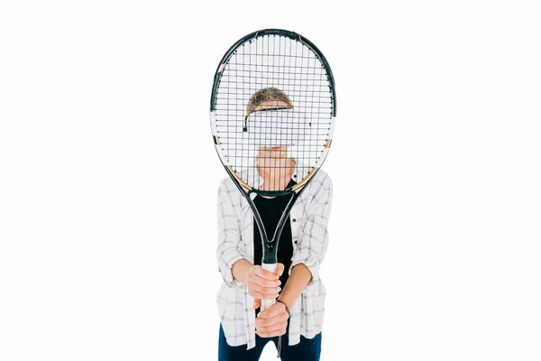 Chica jugando tenis en realidad virtual - foto de stock