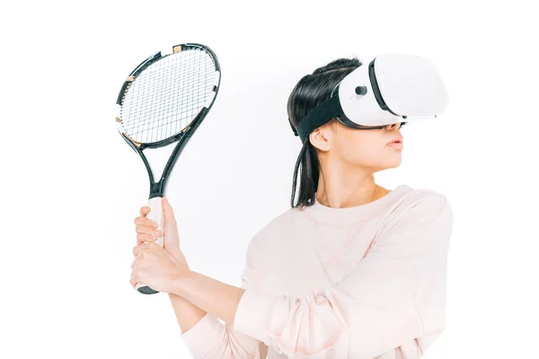 Girl playing tennis in virtual reality — Stock Photo
