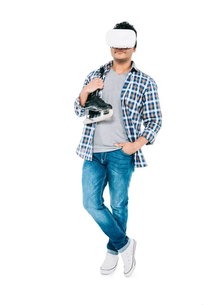Man in virtual reality headset with skate — Stock Photo