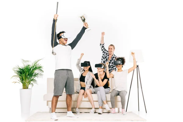 Multiethnic friends in virtual reality headsets — Stock Photo